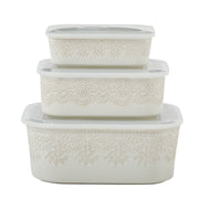 Pioneer Woman Vintage Lace 6-Piece Nesting Rectangular Stoneware Casserole Baking Dish Set with Snap-Shut Lids, Linen