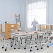 Arlopu KT-TC05 Sturdy Kids Table and 6 Chairs Set, HDPE Toddler Study Activity Table Set with Graffiti Tabletop, Adjustable Height, Gray
