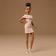 Mattel Barbie Basics Collectible Doll 08, Brunette Hair, Tan Dress, Strappy Cream Heels, Made-to-Move Petite Body, JJX27