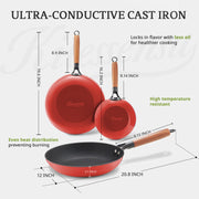 Kitessensu Enameled Cast Iron Skillet Set, Non Stick, Cool Wooden Handles, 8 Inch, 10 Inch, 12 Inch, Burgundy Red