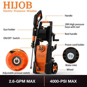 HiJob S2HJ-VC03 Electric Pressure Washer 4000 PSI Pressure Washers w/ 20 ft Hose 4 Nozzles Max 2.6 GPM Power Washers