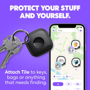 Tile by Life360 Essentials Bluetooth Tracker 4-Pack, 2 Mate, 1 Slim, 1 Sticker, Black, IP68 Water Resistant, 350 ft Range, Long Battery Life