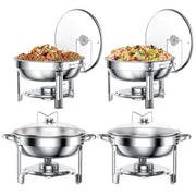 TINANA YH-CDBS-4 Chafing Dish Buffet Set, 4 Pack, 5QT Stainless Steel Round Food Warmers with Glass Lid and Lid Holder, Silver