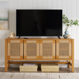 Better Homes & Gardens BH3425004710024 Vista Woven Coastal TV Stand, Light Honey, Fits TVs up to 65 in, Adjustable Shelves, Soft-Close Hinges