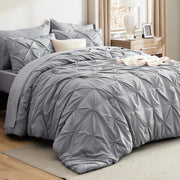 U by Bedsure Queen Comforter Set, 7-Piece Grey Pintuck Bedding Set, All-Season Microfiber Comforter with Flat Sheet, Fitted Sheet, Pillowcases, and Shams