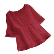 Cagogo Women's Short Sleeve T-Shirts Cotton Linen Eyelet Round Neck Casual Tops for Summer