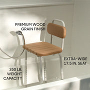 Sharper Image 1019388 Deluxe Shower Chair with Back, 350 lb Capacity, Wood Grain Finish, Adjustable Height