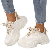 NOKIO Womens Lace-Up Fashion Sneakers, Breathable Mesh and Leather Patch Upper, Thick Rubber Platform Sole, Slip-Resistant Outsole, White, Medium Width