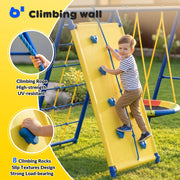 Gardwin 6 in1 Metal Swing Set, Heavy-Duty Outdoor Playground with Climber Net, Climber Wall, Saucer Swing, Double Wall Slide, Belt Swing, Trapeze Bar, Yellow, For 7 Kids Ages 3-12, GW-SW503-BY