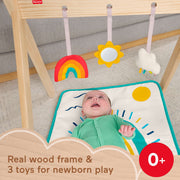 Fisher-Price Wooden Activity Gym with Solid Pine Frame, 3 Sensory Toys, Rainbow Playmat for Newborns JCY38