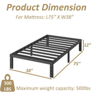 FSCHOS 12 Inch Twin Size Bed Frame, Heavy Duty Metal Platform, No Box Spring Needed, Black, 3501-12