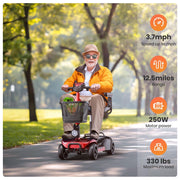 SACVON X-01 4 Wheels Mobility Scooter with Cane Holder for Seniors, Red