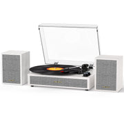 TANLANIN Bluetooth Belt-Drive Turntable with 3-Speed Playback, Auto-Stop, External Stereo Speakers, AUX & RCA Output, White Wood Finish, TE-2028WT
