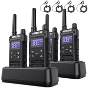 KETELESE T3G Walkie Talkies, IP67 Waterproof Dustproof, Rechargeable 1100mAh Battery, Dual PTT, VOX Hands-Free with Earpiece, High-Brightness Flashlight, 4 Pack, Black Grey