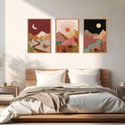 HPINUB Modern Boho Framed Canvas Wall Art Set, Colorful Moon and Sun Desert Painting, Southwest Landscapes, Rustic Mountain Decor, 16x24x3 in, Pack of 3