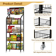 IAJXWI 4663 4-Tier Snack Display Rack with 10 Detachable Hooks, Lockable Casters, Black Metal, 23.6 x 10.6 x 67 in