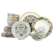 STPGoods Morris Garden Bone China Dinnerware Set of 24 Service for 6 in Gift Box 24-Piece Dish Set of Plates and Bowls