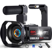Keculbo Video Camera, 8K UHD, 64MP Photos, 18x Digital Zoom, WiFi, IR Night Vision, 3-Inch Flip Touchscreen, Black, VD-106