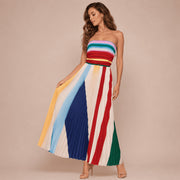 Veyora Apparel Women's Strapless Colorblock Pleated Maxi Dress, Rainbow Smocked Tube Top, Sleeveless Summer Dress