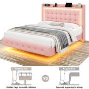 Homfa 321 Full Size Floating Bed with RGB LED Lights Charging Station, Velvet Upholstered Platform Bed with Storage Headboard, Pink