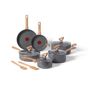 T-fal Revive Ceramic 12 Piece Nonstick Cookware Set, Stone Gray, GoCeram Ceramic Coating, Thermo-Spot Technology, Oven Safe Up to 350F, Soft-Touch Wood-Look Handles, C453SC63