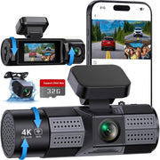 Froura GATA8A0D5B 3 Channel Dash Cam, 4K Front, 1080P Rear and Inside Cameras, 32GB Card, Black