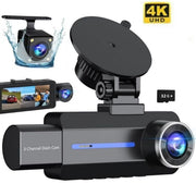 Stock J07 Preferred 3 Channel Dash Cam, 4K Front, 2.5K Rear, 1440P Inside, Triple Car Camera with 32GB Card, G-Sensor, 24Hr Parking Monitor, Loop Recording, IR Night Vision, Blue, J07