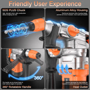 Protmex Rotary Hammer Drill, 1-1/4 Inch SDS-Plus, 13 Amp Motor, Safety Clutch, 3 Function Modes, Yellow