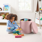 Kvell Pom Pom Kids Storage Ottoman, Soft Velvet Upholstery with Pom Pom Trim, Blush, 15 Inch, Durable MDF, Lift-Off Lid