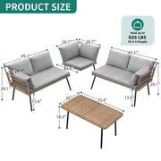 Dextrus L-Shaped Patio Sofa Set, All-Weather PE Rattan, Gray Cushions, Tempered Glass Coffee Table, 4-Piece Outdoor Sectional