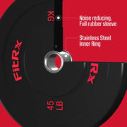 FitRx Bumper Plates, 45lb Pair, Olympic Weight Plates with 2-Inch Stainless Steel Center Ring, Rubber Coated for Home Gym