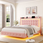Homfa 321 Full Size Floating Bed with RGB LED Lights Charging Station, Velvet Upholstered Platform Bed with Storage Headboard, Pink