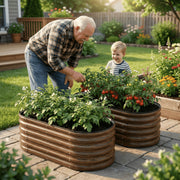SnugNiture 2-Pack Extra-Deep Raised Garden Bed, 4ft x 2ft x 1.5ft, Galvanized Steel Oval Planter Box, Brown Wood Grain