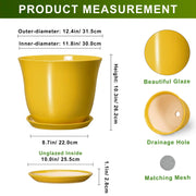 Ordivic 12 Inch Yellow Ceramic Plant Planter with Drainage Hole and Saucer, Extra Large Indoor Outdoor Flower Pot, Stable Base, GAA047-V008