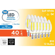 Great Value GVFDC4027E12D12 LED Light Bulb, 4W (40W Equivalent) B10 Deco Lamp E12 Candelabra Base, Soft White, 12-Pack