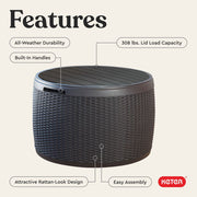Keter Circa 37 Gallon Round Resin Deck Box with Rattan Texture, Weather-Resistant Outdoor Storage and Seating Bench, Grey, 243554