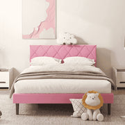 VIPLOV Twin Size Upholstered Platform Bed Frame with Button Tufted Headboard, Solid Wood Slats, Pink