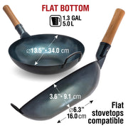YOSUKATA 13.5 in Blue Carbon Steel Wok Pan, Pre-Seasoned Flat Bottom, Ergonomic Wooden Handle, Compatible with Gas Electric Ceramic Induction and Open Fire Cooktops, 123