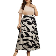 FOLUNSI Women Plus Size Maxi Dress, Short Sleeve, Loose Fit, Ribbed Floral Pattern, Apricot, 3XL