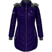 ActionHeat Women's 5V Battery Heated Long Puffer Jacket with Faux-Fur Hood, Indigo, Large, AH-EVGV-7V-M-B-M