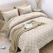 JUSTLET Comforter Set 7 Pieces Bed in a Bag, Reversible Tufted Beige Comforter, Fitted Sheet, Flat Sheet, Pillow Shams, Pillowcases, King