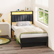 Furnulem HK-BF-009-CL Bed Frame with Charging Station LED Lights Upholstered Headboard 2-Tier Storage Shelve, Black