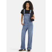 No Boundaries Relaxed Wide-Leg Denim Overalls for Women, Medium Wash, XS