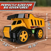 Maxx Action Steel Dump Truck Toy, 16in, Motorized Dumping Bed, Lights and Sounds, Metal and Plastic Construction, Yellow and Black