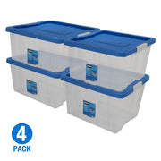 HART 68 Quart Latching Plastic Storage Bin Container Clear Base Blue Lid Set of 4 206262