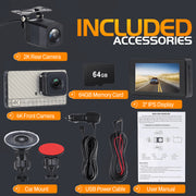 JH Auto 4K Front and 2K Rear Dash Cam with 3 in IPS Screen, 170 Wide Angle, Built-in Wi-Fi, Night Vision, WDR HDR, 24-Hour Parking Monitor, 32GB Card Included, LD-156M-92MM