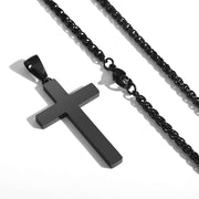 APSVO Black Stainless Steel Cross Necklace for Men Boys, 18 Inch Wheat Chain, Catholic Christian Religious Jewelry