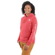 Carhartt Women's Iconic Clarksburg Logo Hoodie, Relaxed Fit Midweight 10.5-oz Fleece, Pink Salmon Heather, X-Large, 102791