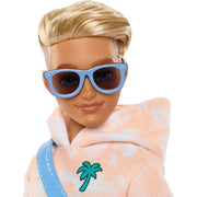 Mattel Barbie Dream Besties Ken 11 Inch Posable Fashion Doll with Blonde Hair, Removable Orange Tie-Dye Outfit, 9 Summer and Skateboard Accessories