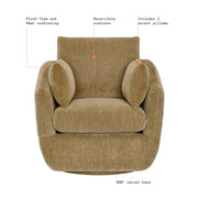 Beautiful Louisa Swivel Accent Chair, Mid-Century Modern, Stain-Treated Polyester Upholstery, Latte Finish, Includes 3 Accent Pillows
